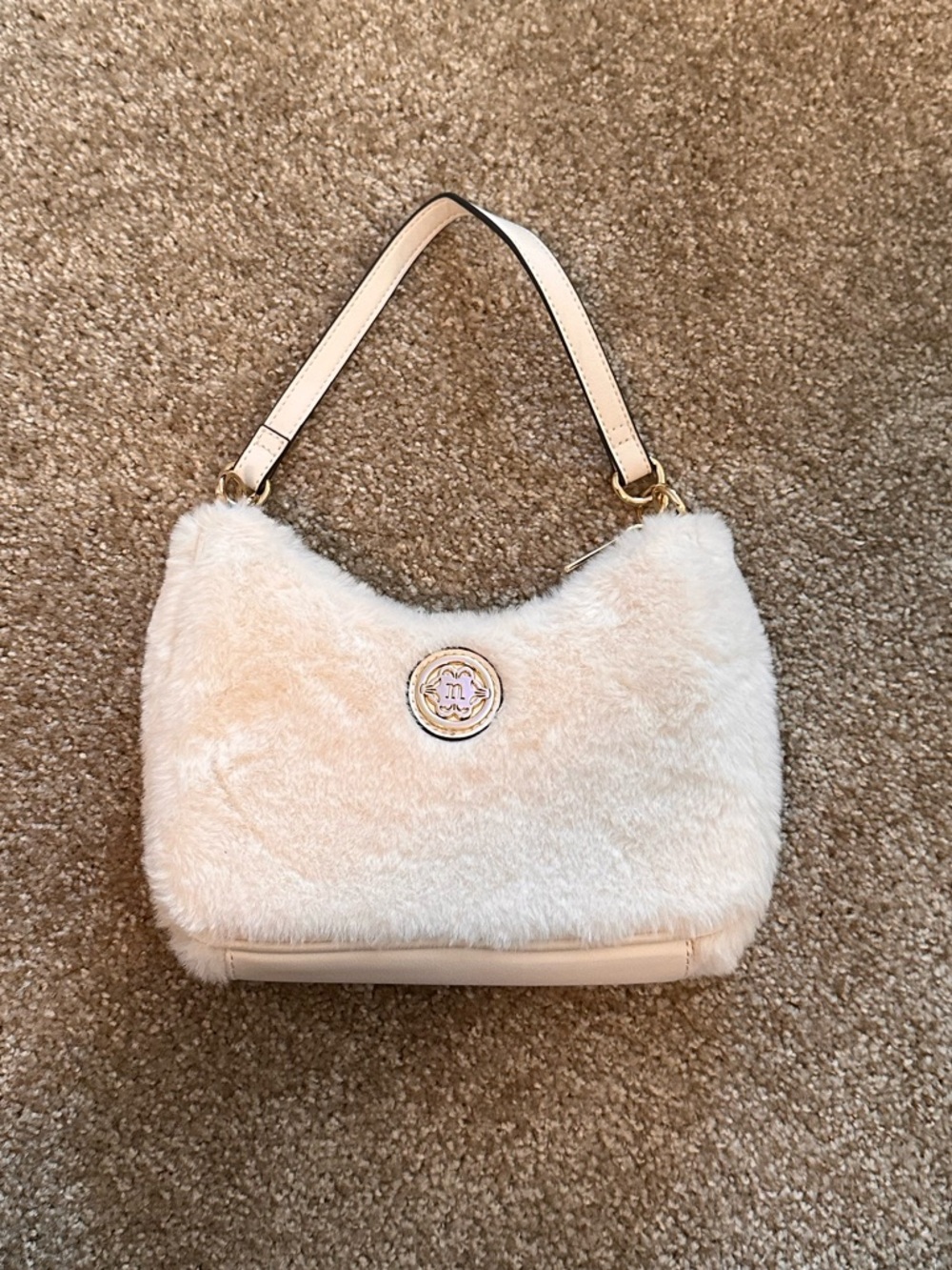 EUC Nanette Lepore Cream Faux Fur Shoulder Bag with Logo Accent